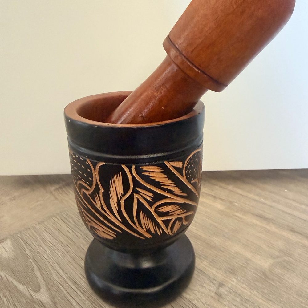 Wooden Mortar and Pestle with Carved Design
